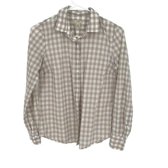 J Crew Womens Button Up Shirt Long Sleeve Check Blouse 100% Cotton Tan Size 2 - Picture 1 of 7